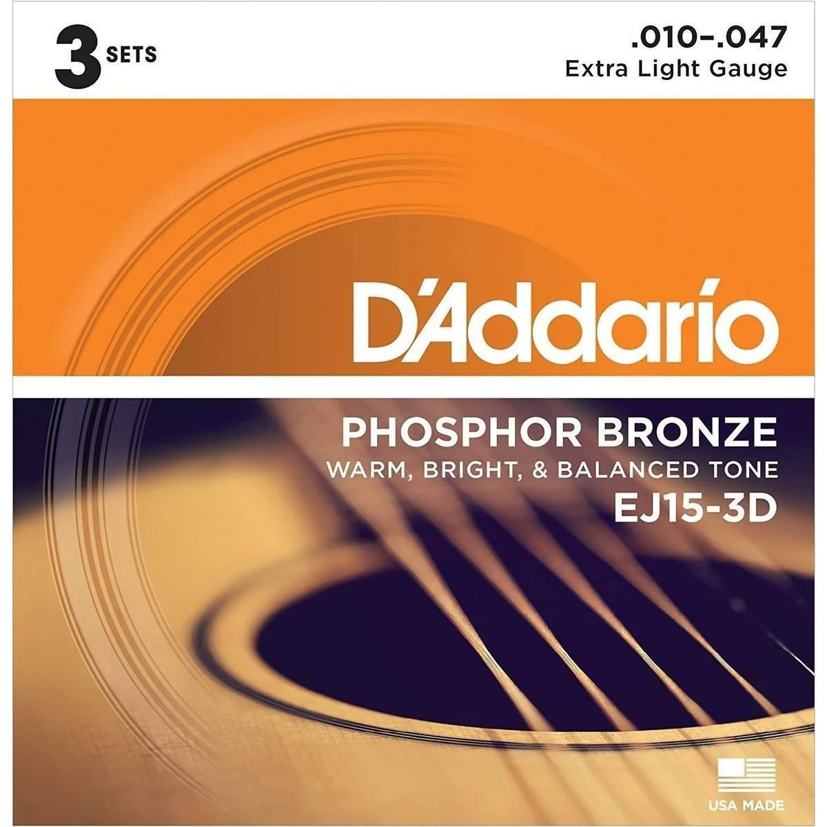 DAddario Ej15 3D Phosphor Bronze Acoustic Guitar Strings Extra Light 3 Sets