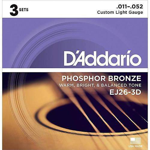 DAddario Ej26 3D Phosphor Bronze Acoustic Guitar Strings Custom Light 11 52 3 Sets