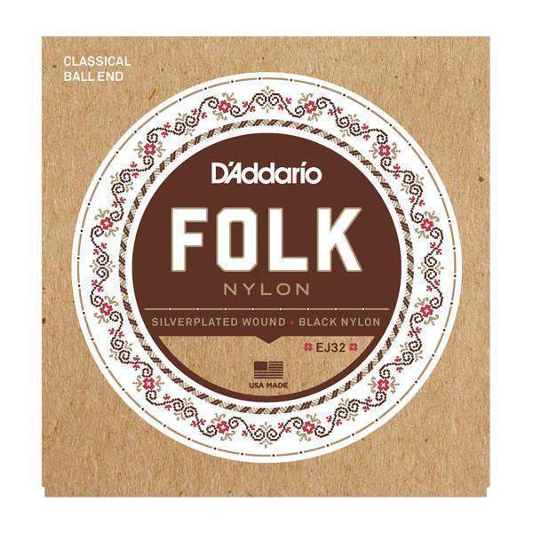 DAddario Ej32 Folk Nylon Guitar Strings Ball End Silver Wound Black Nylon Trebles