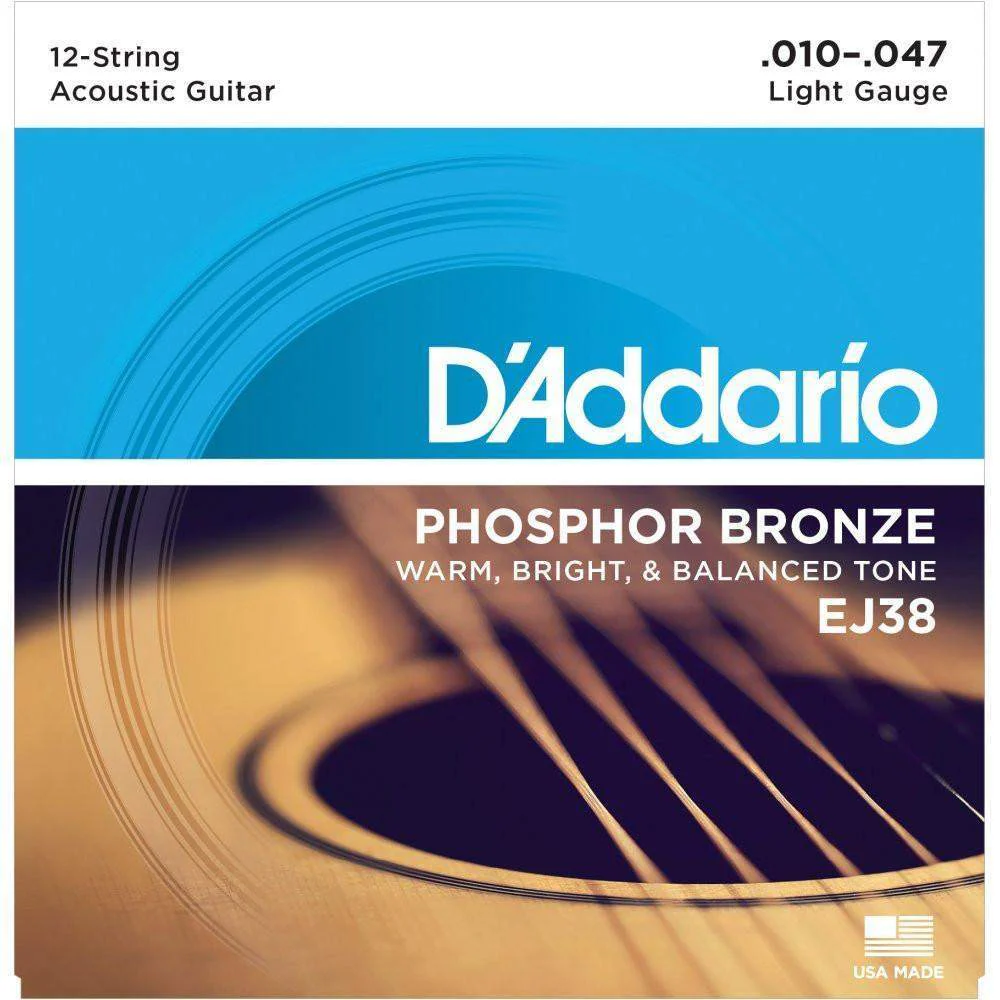 DAddario Ej38 12 String Phosphor Bronze Acoustic Guitar Strings Light 10 47