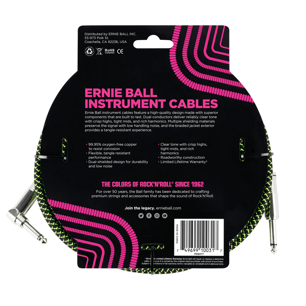 Ernie Ball 10 Braided Straight / Angle Instrument Cable - Black / Green - Image 2