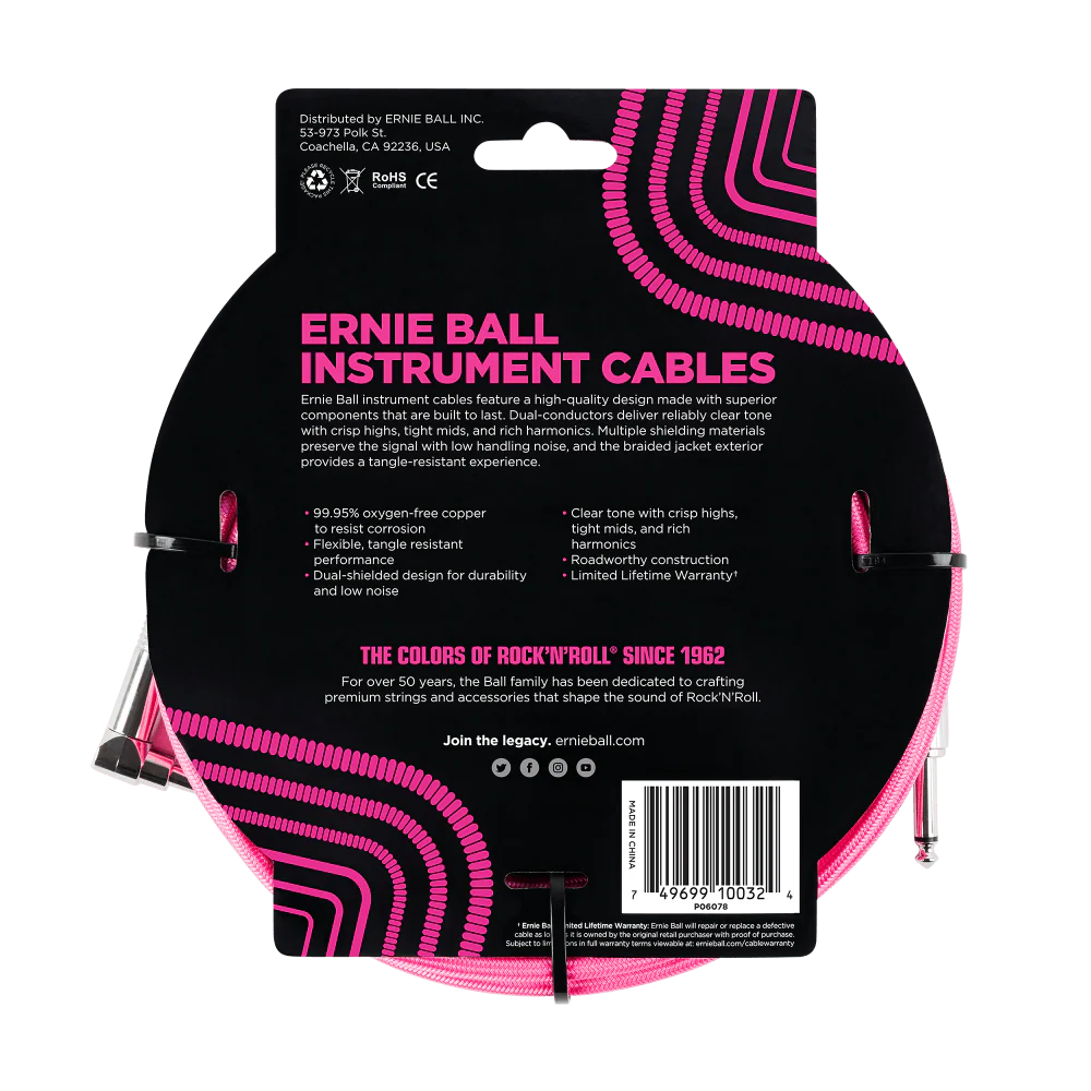 Ernie Ball 10 Braided Straight / Angle Instrument Cable - Neon Pink - Image 2