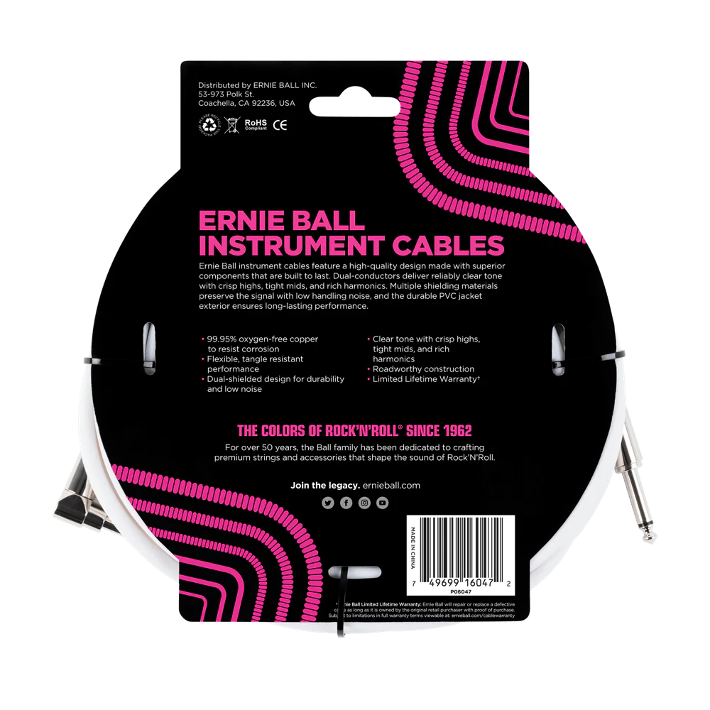 Ernie Ball 20 Straight / Angle Instrument Cable - White - Image 2