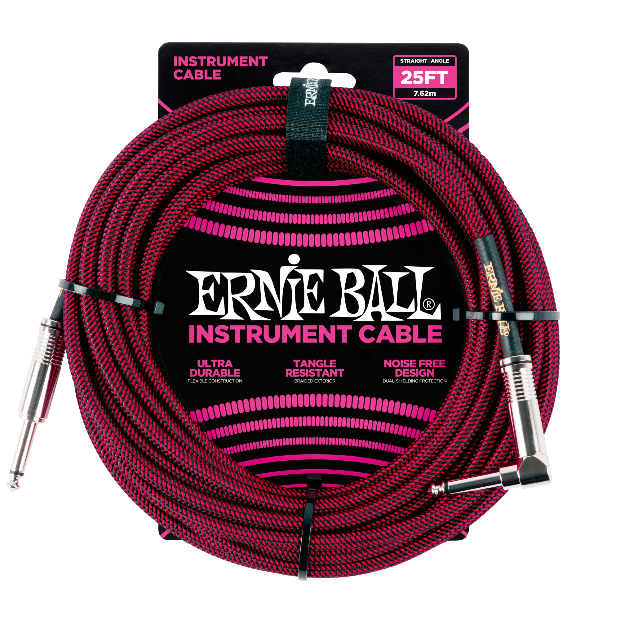Ernie Ball 25 Braided Straight / Angle Instrument Cable - Black / Red