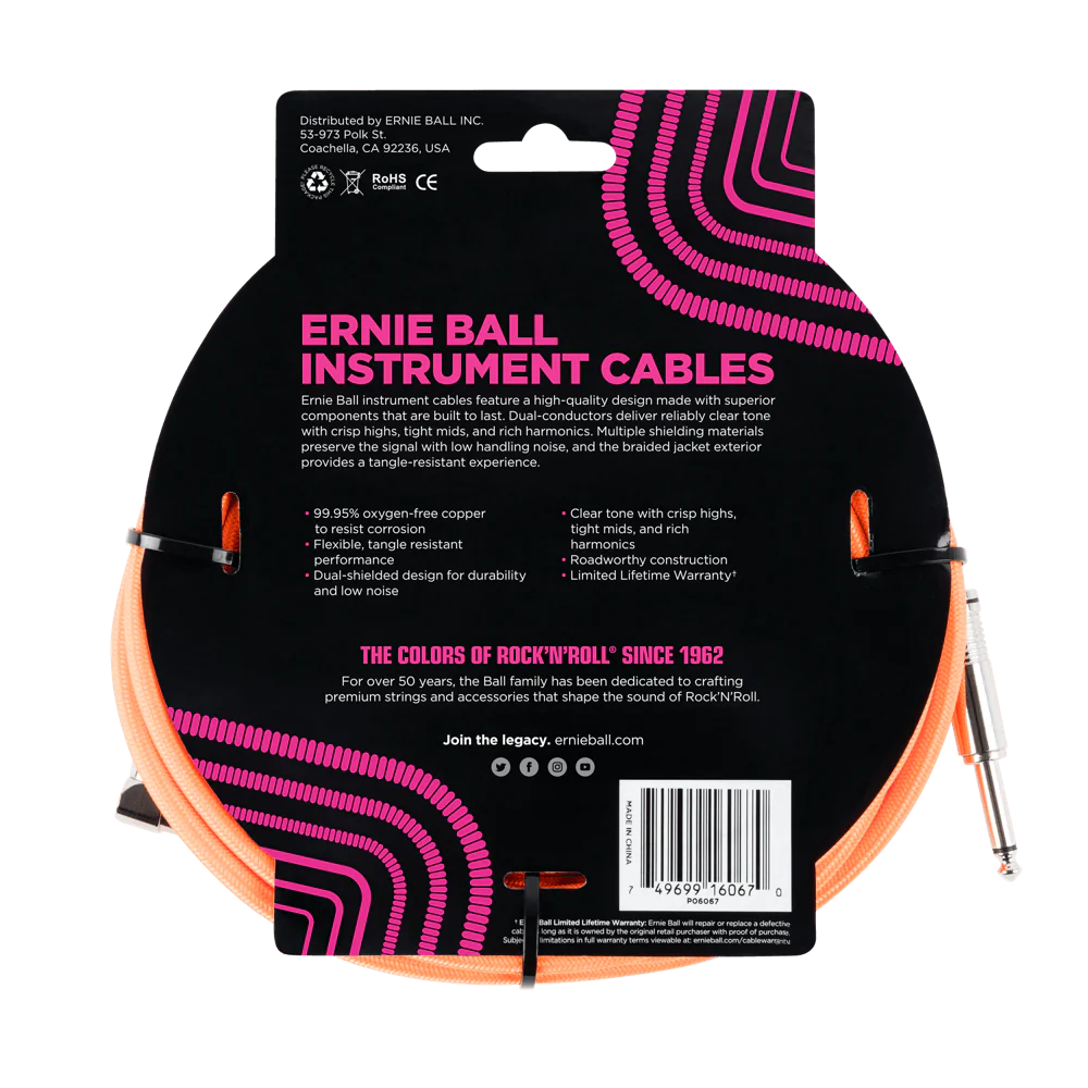Ernie Ball 25 Braided Straight / Angle Instrument Cable - Neon Orange - Image 2