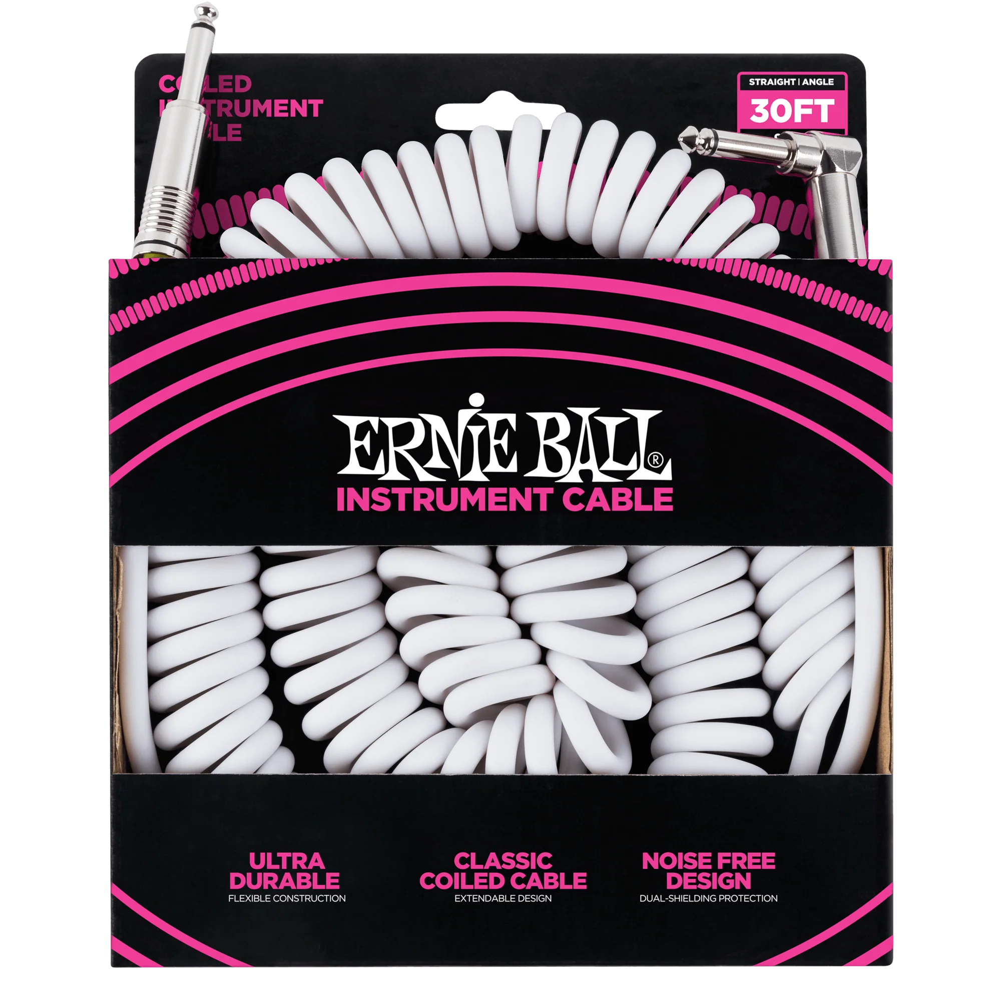 Ernie Ball 30 Coiled Straight / Angle Instrument Cable - White
