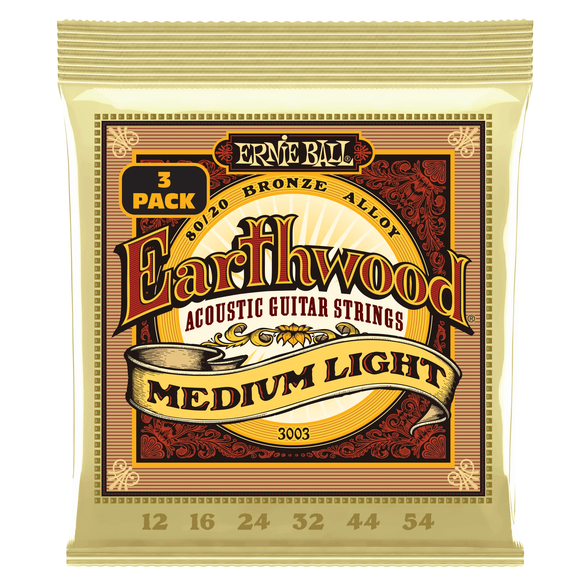 Ernie Ball Earthwood Medium Light 80/20 Bronze Acoustic Guitar Strings 3 Pack - 12-54 Gauge