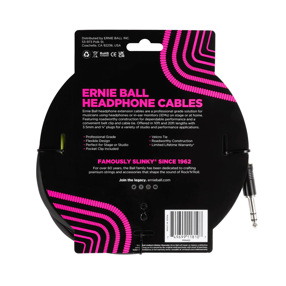 Ernie Ball Headphone Extension Cable 1/4 To 3.5Mm 10Ft - Black - Image 2