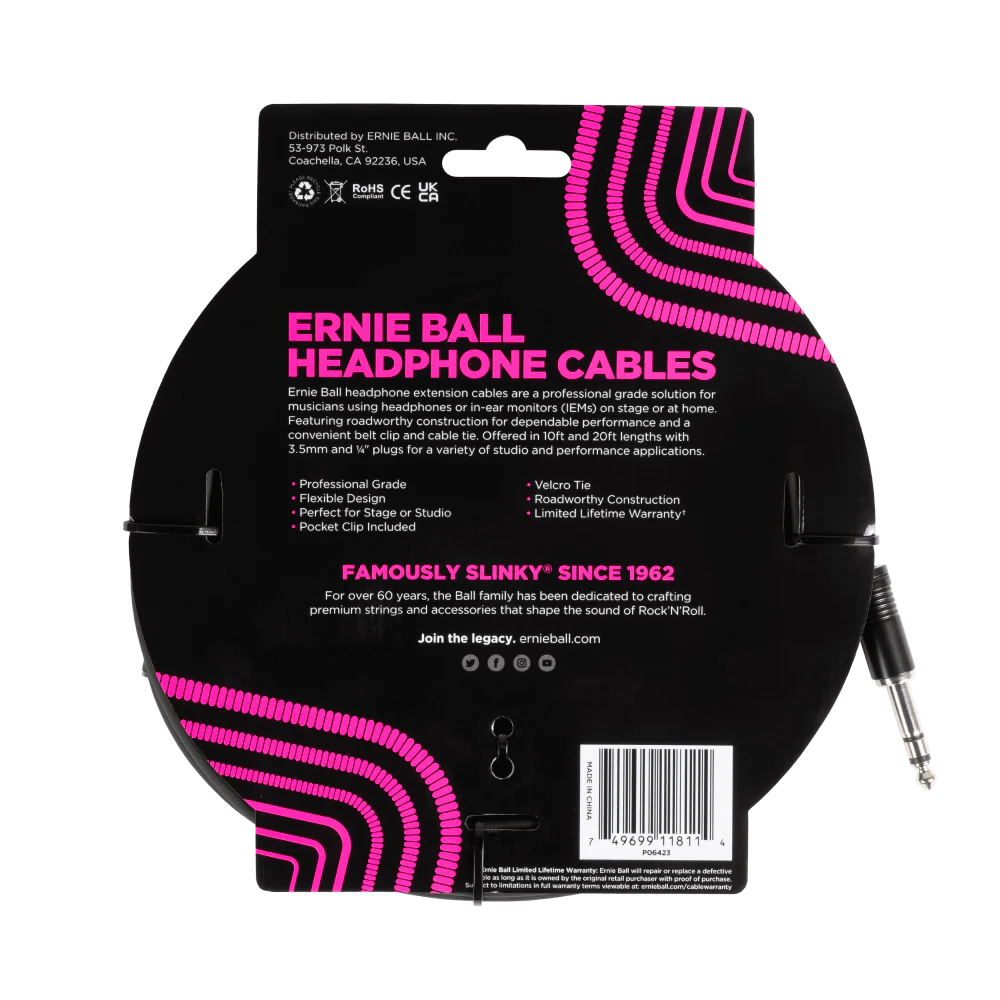 Ernie Ball Headphone Extension Cable 1/4 To 3.5Mm 20Ft - Black - Image 2