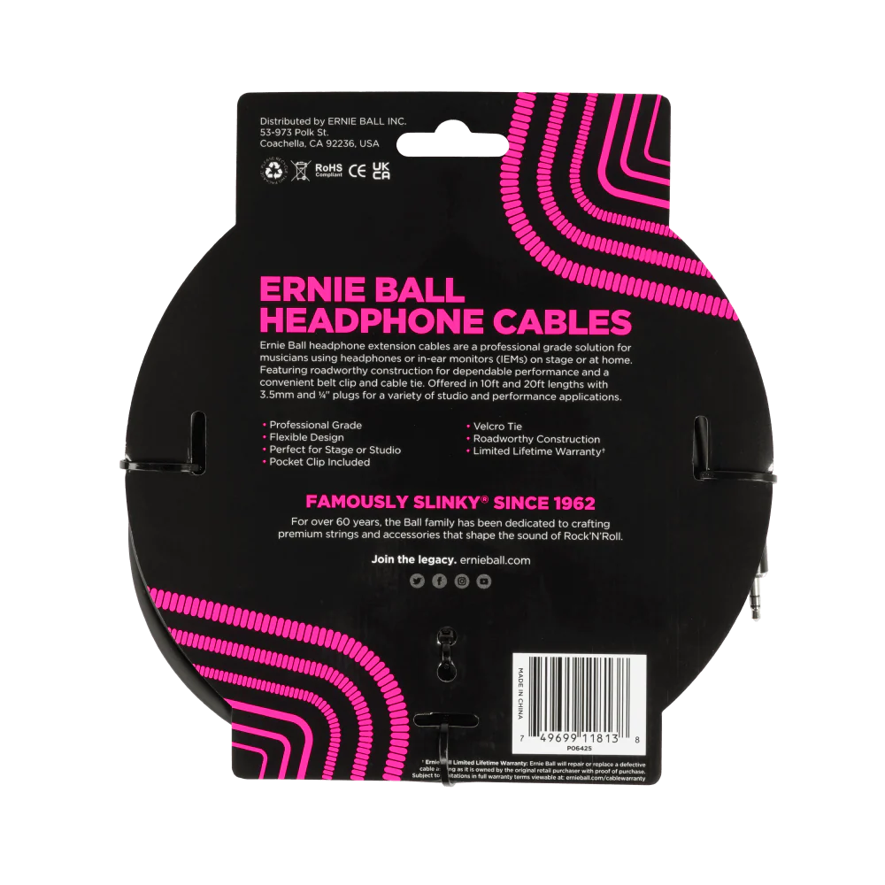 Ernie Ball Headphone Extension Cable 3.5Mm To 3.5Mm 20Ft - Black - Image 2