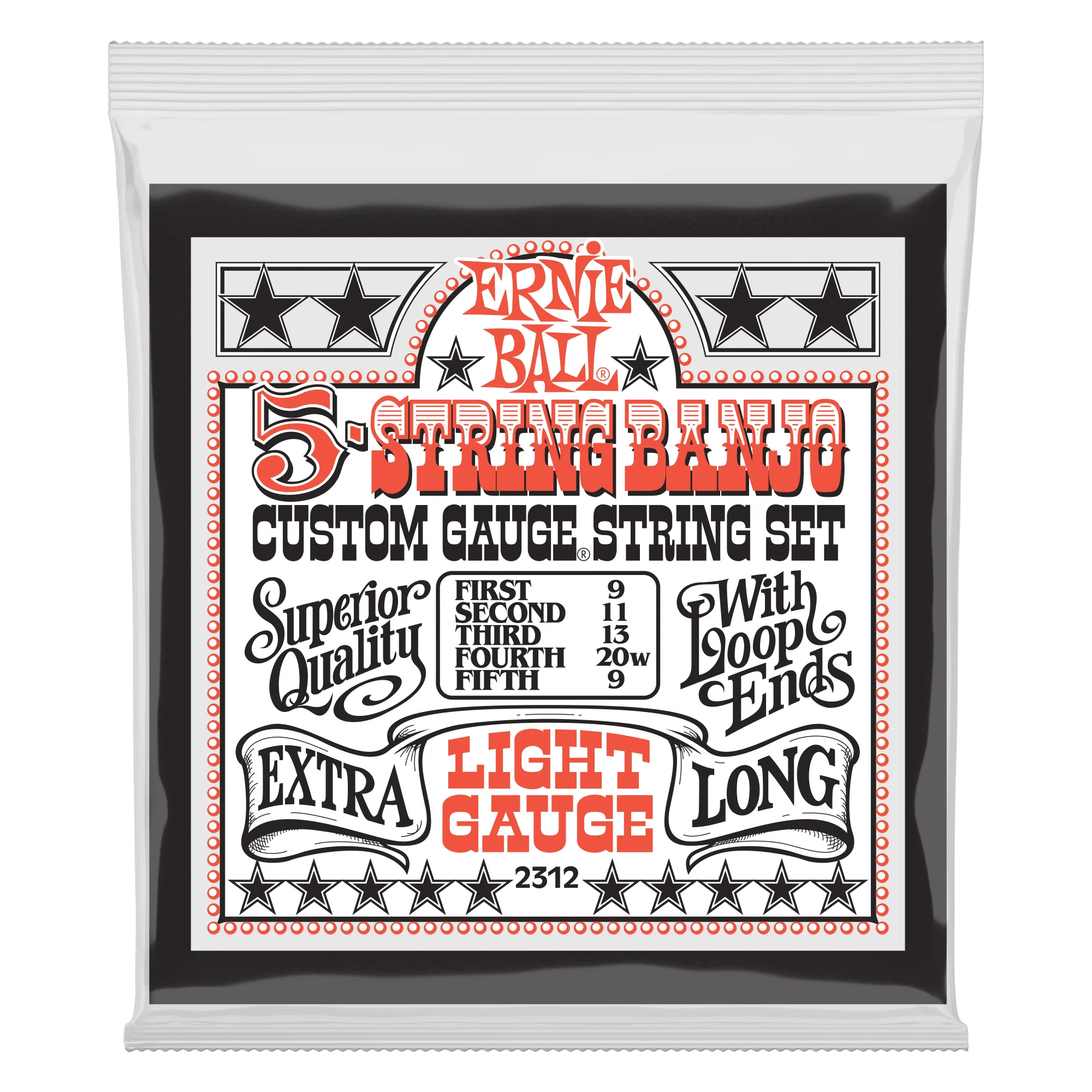Ernie Ball Light 5-String Loop End Stainless Steel Banjo Guitar Strings - 9-9 Gauge