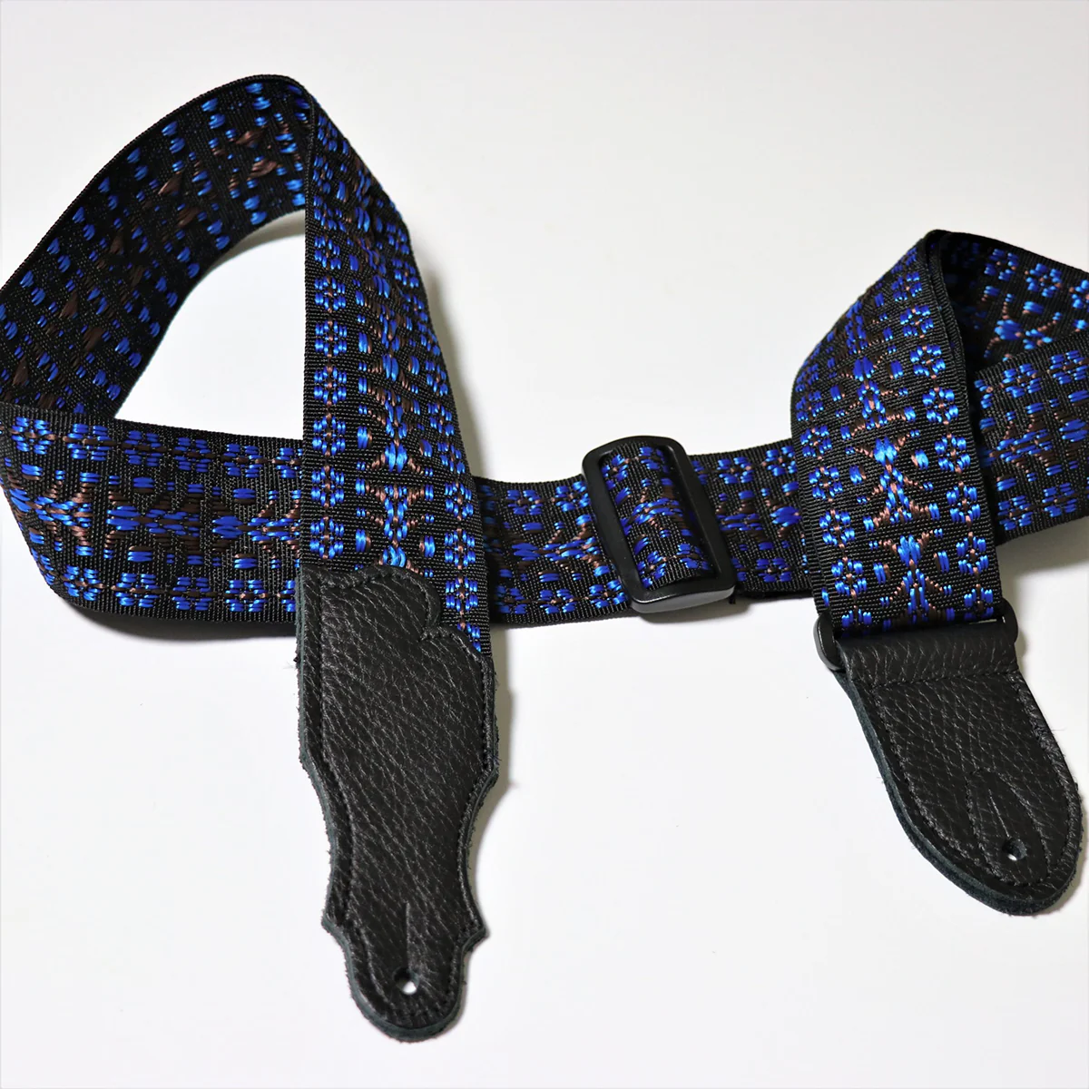 Franklin 2 Inch Woven Nylon Folk Strap Blue with Pebbled Black Glove Leather End Tab