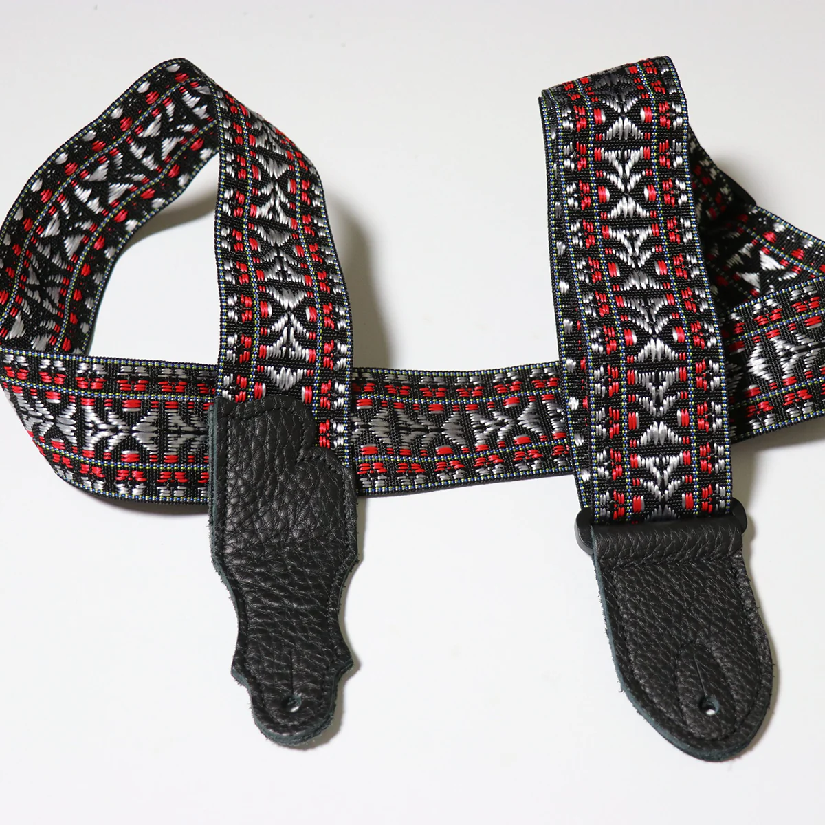 Franklin 2 Inch Woven Nylon Folk Strap Red with Pebbled Black Glove Leather End Tab