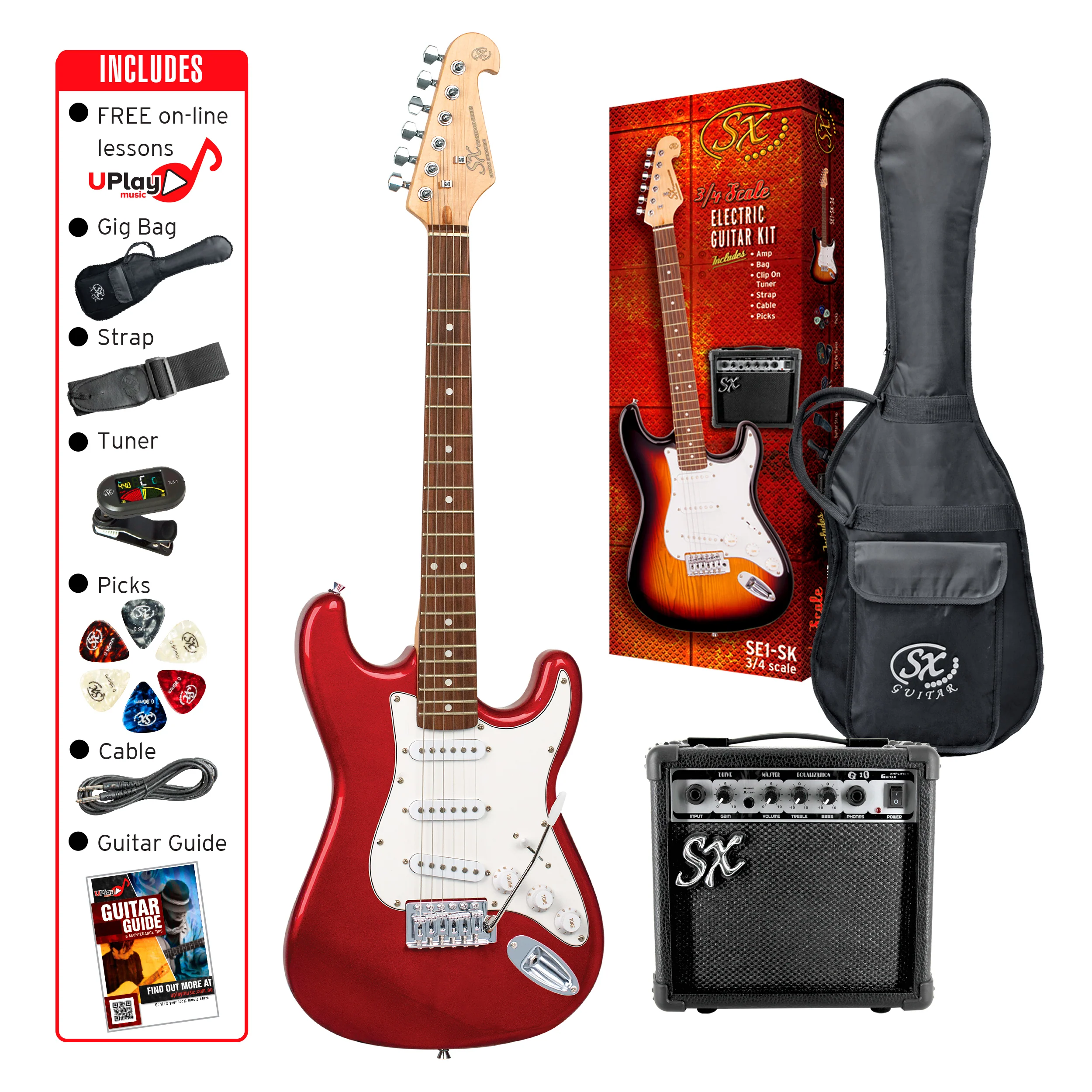 SX SE1SK34CAR - ¾ Size SC Style Guitar and Amp Pack – Candy Apple Red - SX Guitar, SX 10 Watt Amp, Clip-On Tuner, Padded Bag, Strap, Picks, Lead, FREE Online Lessons
