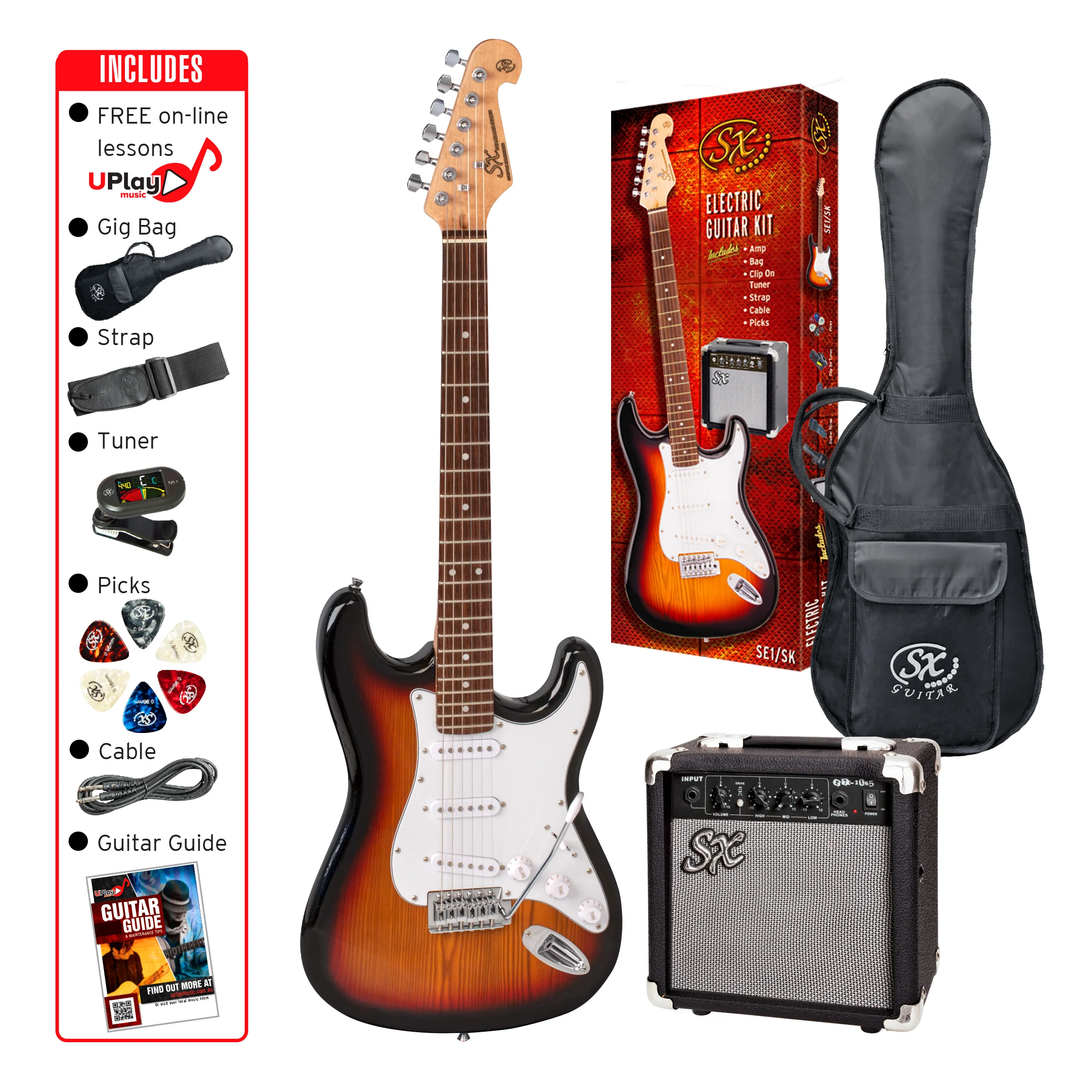 SX SE1SKTS - SC Style Guitar and Amp Pack – 3 Tone Sunburst - SX Guitar, SX 10 Watt Amp, Clip-On Tuner, Padded Bag, Strap, Picks, Lead, FREE Online Lessons