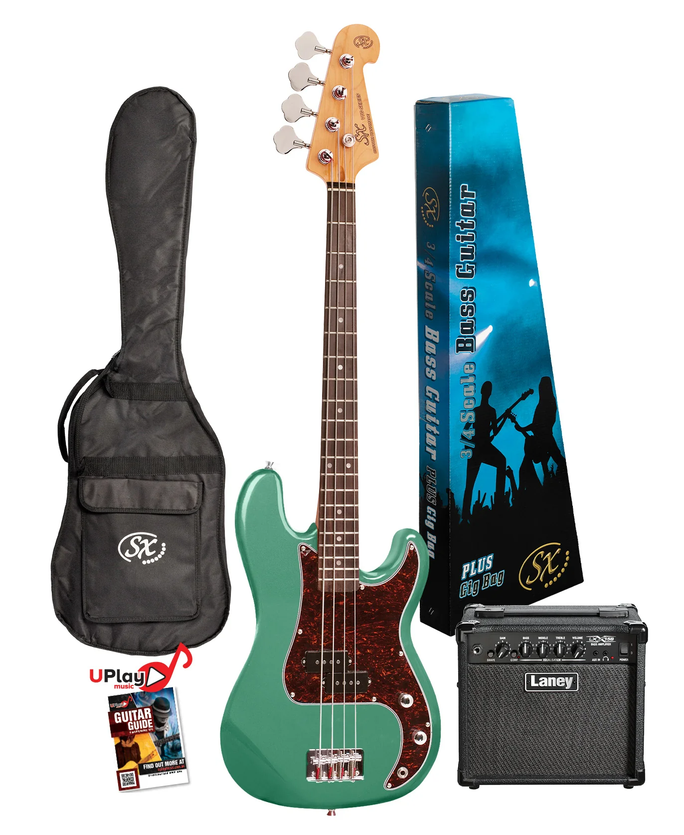 SX VEP34VGN-PK2 - ¾ PB Style Bass and Amp Pack – Vintage Green - SX Bass, 15 Watt Bass Amp,Padded Bag, FREE Online Lessons