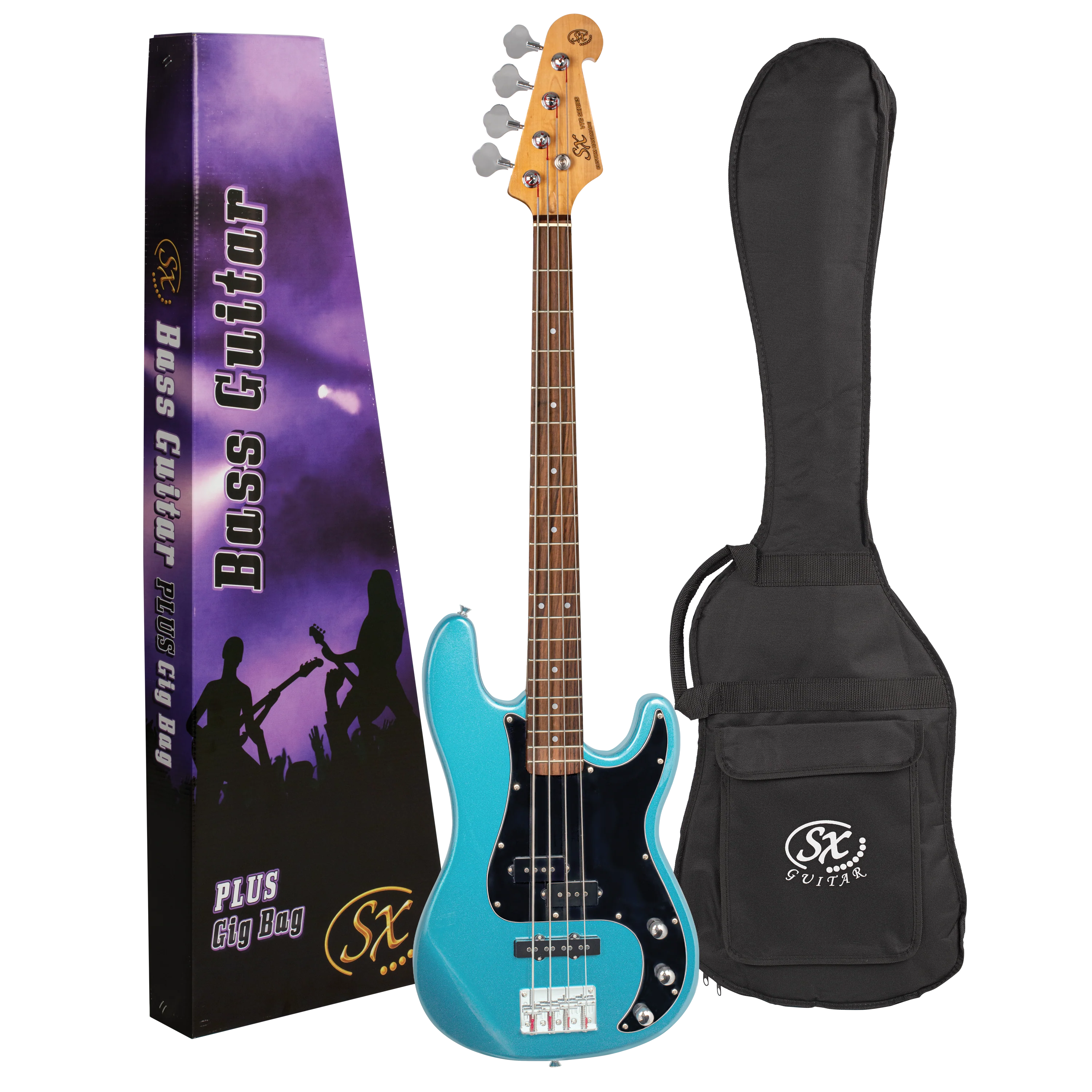 SX VEP62LPB-PK2 - PB Style Bass and Amp Pack – Lake Placid Blue - SX Bass, 15 Watt Bass Amp,Padded Bag, FREE Online Lessons