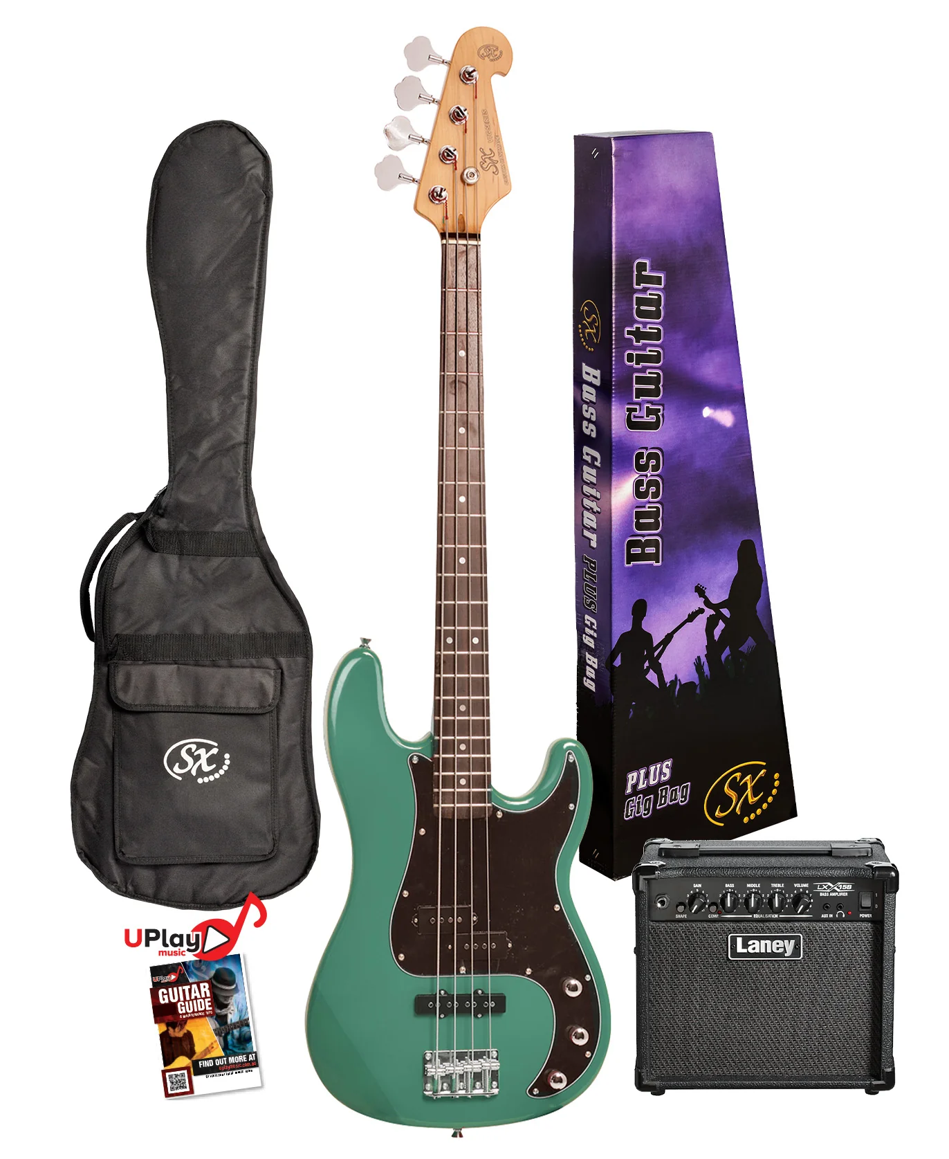 SX VEP62VGN-PK2 - PB Style Bass and Amp Pack – Vintage Green - SX Bass, 15 Watt Bass Amp,Padded Bag, FREE Online Lessons