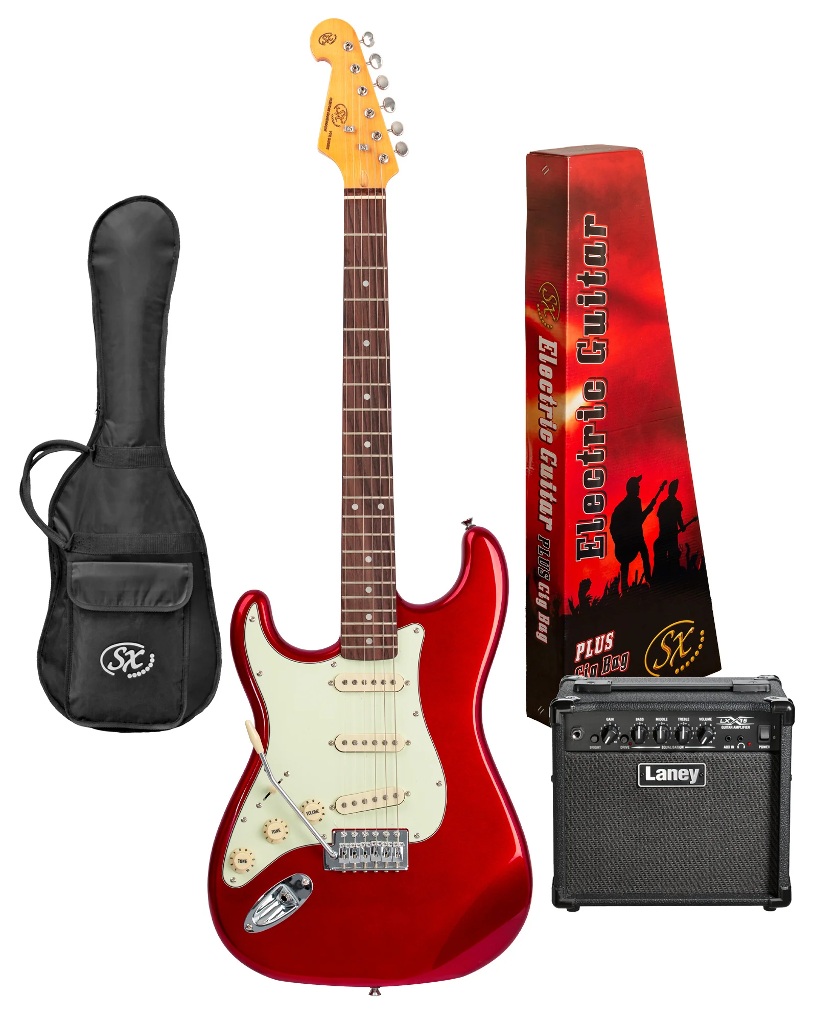 SX VES62LHCAR-PK2 - SC Style Guitar and Amp Pack – Candy Apple Red – Left Hand - SX Guitar, Laney 15 Watt Amplifier, Padded Gig Bag, FREE Online Lessons
